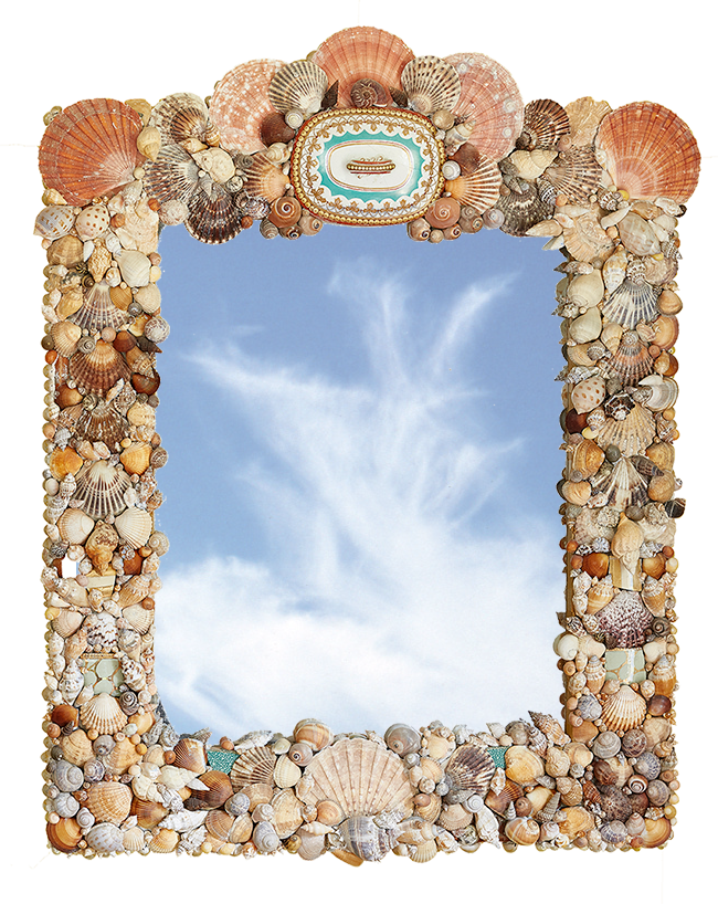 mirror with ornate shell mosaic frame