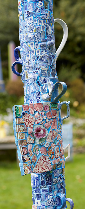 Blue ceramic mosaic totem with handles