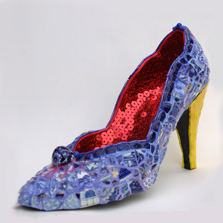 blue ceramic mosaic shoe with yellow heel and red sequin interior