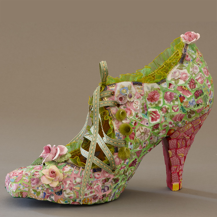mosaic court shoe with green ribbons