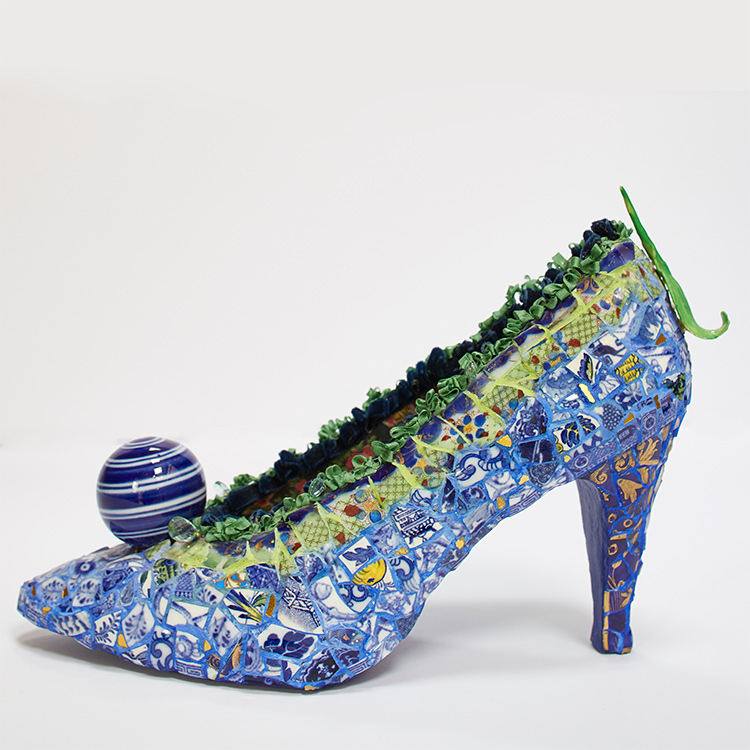 blue mosaic shoe with ball detail