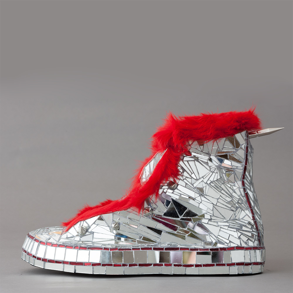  mirror mosaic sneaker with red fur trim