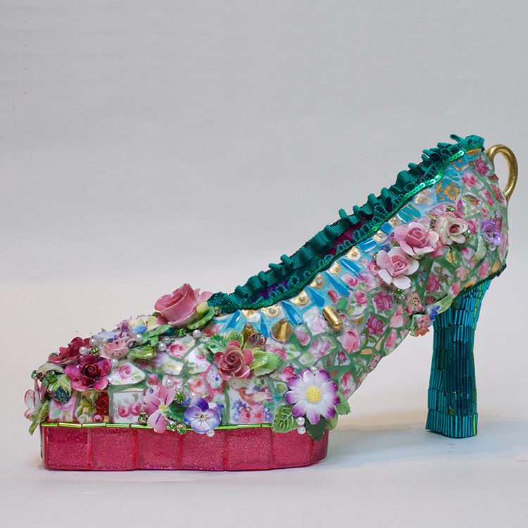 mosaic shoe with green feather