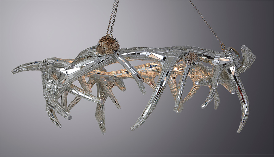 mirror mosaic high heel boot with pink fur trim